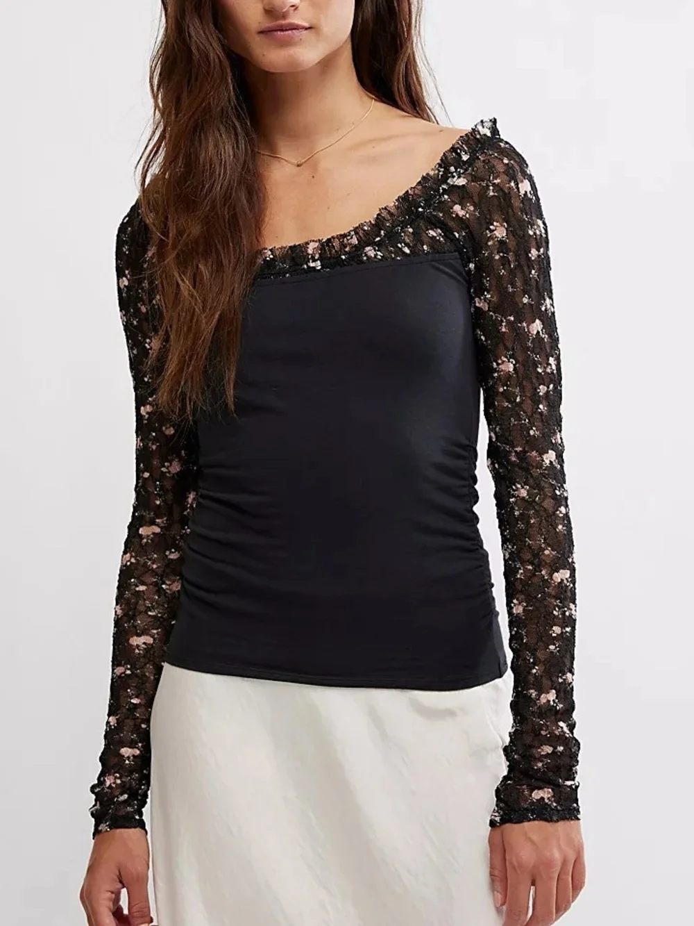 Free People Josie Floral Square Neckline Lace Long-Sleeve Top In Black - M